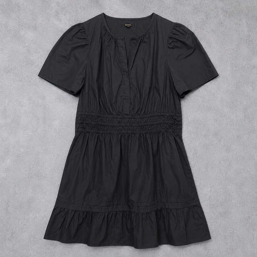 Quince Organic Cotton Black Poplin Tiered Mini Dress Short Sleeve Womens M - Picture 2 of 6